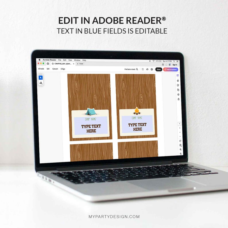 May include: A laptop displays a digital template with a camping theme. The template features wooden backgrounds, a tent and campfire graphic, and editable text fields. The text on the screen reads "EDIT IN ADOBE READER&reg; TEXT IN BLUE FIELDS IS EDITABLE".