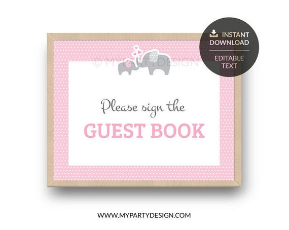 Paper Party Supplies Please Sign Our Guest Book Sign Instant Download Pink Elephant Baby Shower Printable Party Decor