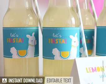 Llama Bottle Labels, Mexican Fiesta, Llama Birthday Party Decorations - INSTANT DOWNLOAD - Printable PDF with Editable Text