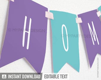 House Warming Banner, Home Sweet Home Bunting, Party Decorations, Purple and Turquoise - INSTANT DOWNLOAD - Printable PDF with Editable Text