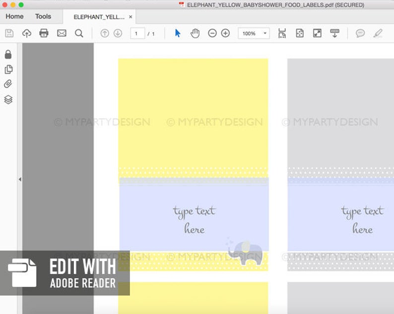 Elephant Food Labels Place Cards Gender Neutral Baby Shower Printable PDF with Editable Text Yellow Grey INSTANT DOWNLOAD
