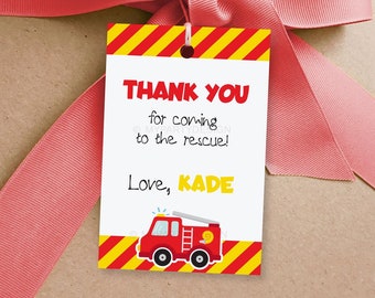 Firetruck Favor Tags, Fire Truck Party Decorations, Thank you Label, Fireman Birthday - INSTANT DOWNLOAD - Printable PDF with Editable Text