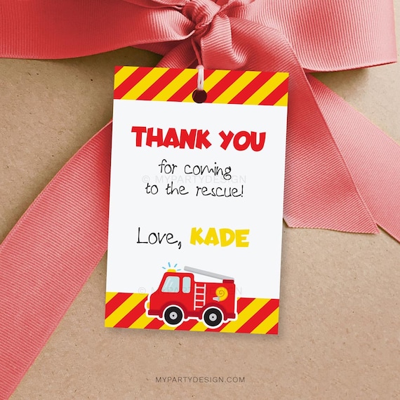 Firetruck Favor Tags, Fire Truck Party Decorations, Thank you Label ...