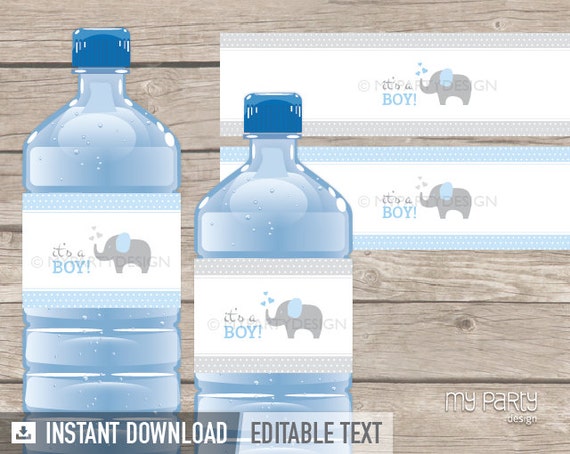 Elephant Bottle Labels - Elephant Baby Shower - Boy blue - INSTANT DOWNLOAD - Printable PDF with Editable Text Il_570xn