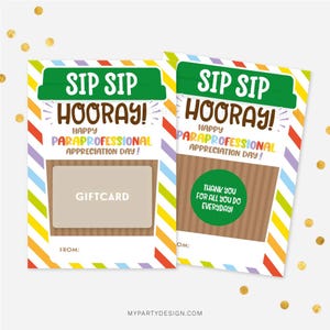 Porta-cartão-presente para o Dia de Apreciação dos Paraprofissionais para Auxiliares de Professores, Voucher de Café para Impressão Sip Hooray - DOWNLOAD INSTANTÂNEO - PDF para impressão