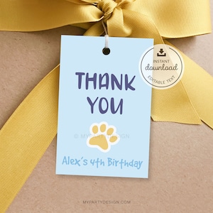 Puppy Party Favor Tags, Blue Dog Thank you Labels, Birthday Pawty Decorations, Paw Printables - INSTANT DOWNLOAD - Printable Editable PDF