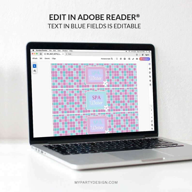 May include: A computer screen displaying a printable design for water bottle labels. The labels feature a pink and blue tile pattern with the text "Spa Water" in a blue box.