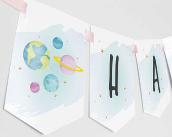 First Trip around the Sun Birthday Banner, Galaxy Party Bunting, Outer Space Garland Decorations - INSTANT DOWNLOAD - Printable Editable PDF