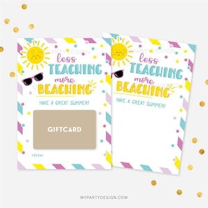Porte-cartes d'été pour les enseignants ou le personnel de soutien, Moins d'enseignements et plus Chèque-cadeau Beaching - TÉLÉCHARGEMENT IMMÉDIAT - PDF imprimable