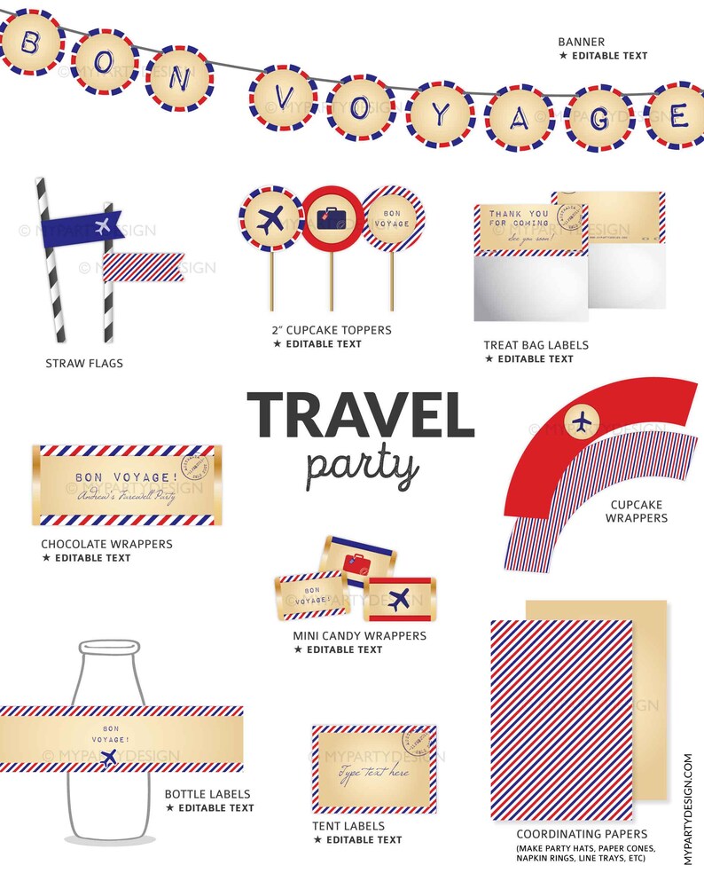 Resefestdekorationer, avskedsfestpaket, avskedsfestkit, Vintage Bon Voyage - DIREKT NEDLADDNING - Utskrivbar redigerbar PDF bild 2