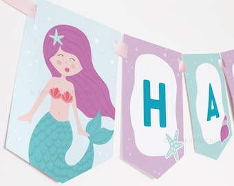 Banner de cumpleaños de sirena, empavesado de feliz cumpleaños, imprimibles de fiesta de sirena - DESCARGA INSTANTE - PDF imprimible con texto editable