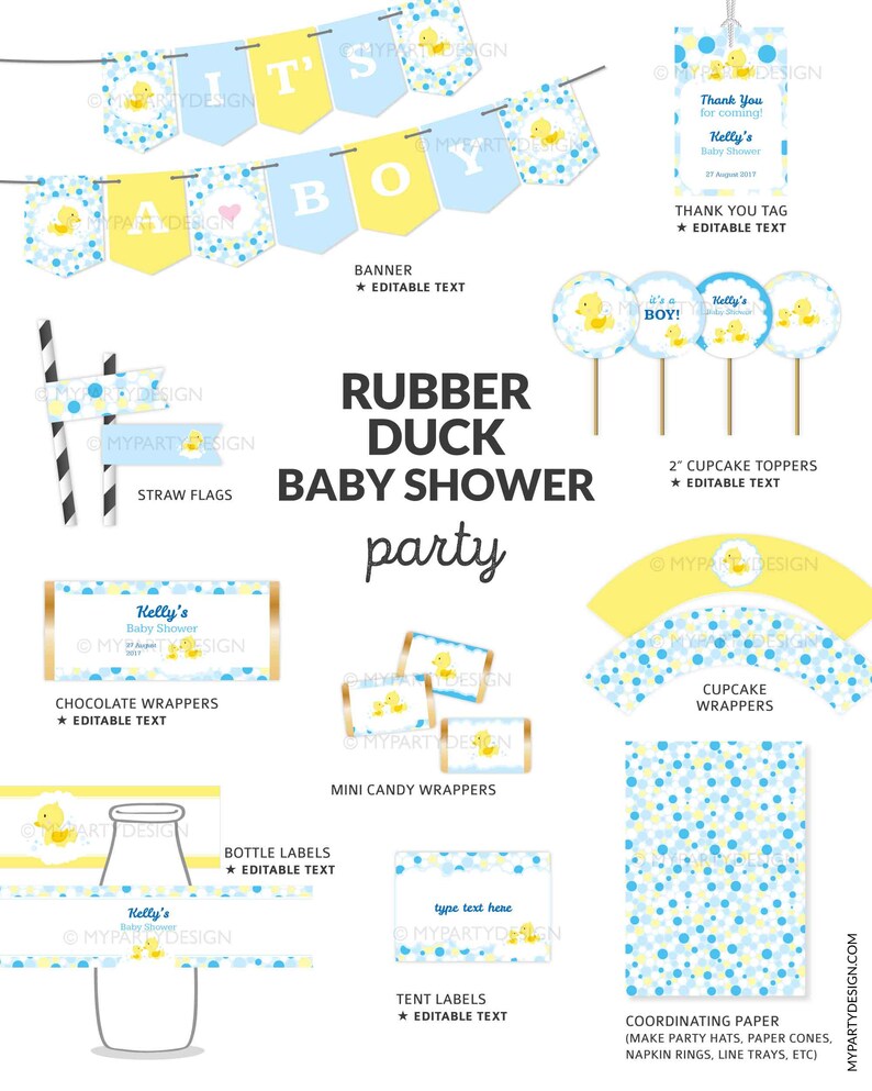 Rubber Duck Baby Shower Decorations, Rubber Ducky Party Pack, Gender Neutral Yellow Blue - INSTANT DOWNLOAD - Printable Editable PDF image 2