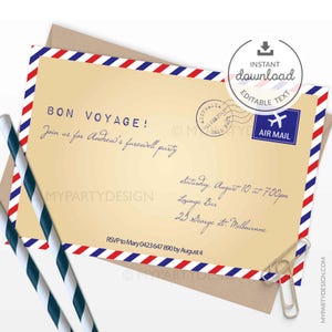 Faire-part de voyage, modèle d'invitation à une fête d'adieu, carte postale vintage rouge bleu Going Away - TÉLÉCHARGEMENT IMMÉDIAT - PDF modifiable imprimable