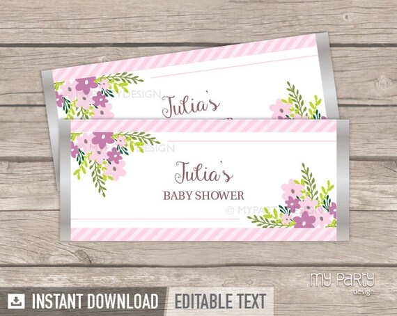 Floral Chocolate Wrappers - Floral Baby Shower - Girl Pink Stripes & Flowers - INSTANT DOWNLOAD - Printable PDF with Editable Text Il_570xn