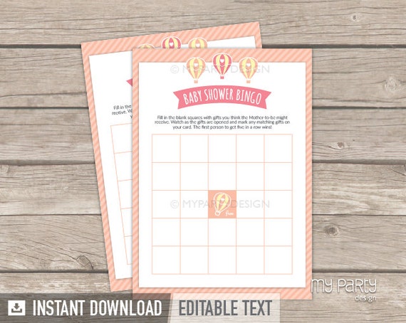 Baby Shower Bingo - Hot Air Balloon Girl Baby Shower Game - Peach Pink - INSTANT DOWNLOAD - Printable PDF with Editable Text Il_570xn