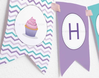 Cupcake Birthday Banner, Baking Party Decorations, Happy Birthday Bunting - INSTANT DOWNLOAD - Printable PDF with Editable Text