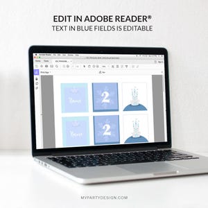 May include: A laptop displays a document with editable text fields. The document features light blue squares with a crown and the word "Name", and squares with the number "2". The text "EDIT IN ADOBE READER&reg; TEXT IN BLUE FIELDS IS EDITABLE" is at the top.