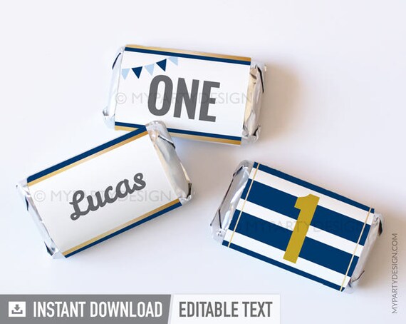 Gold Navy Stripes Party - Mini Chocolate Wrappers - General Theme - Birthday Party - INSTANT DOWNLOAD - Printable PDF with Editable Text Il_570xn