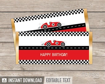 Race Car Chocolate Wrappers, Car Birthday Party Favors, Racing Labels - INSTANT DOWNLOAD - Printable PDF with Editable Text