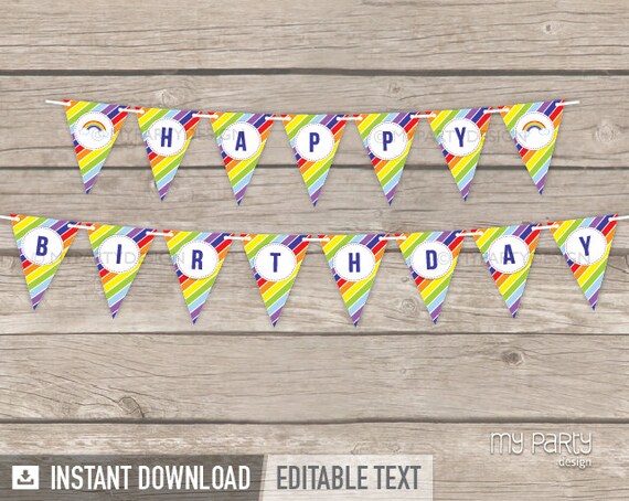 Rainbow Party - Happy Birthday Banner - INSTANT DOWNLOAD - Printable PDF with Editable Text Il_570xn