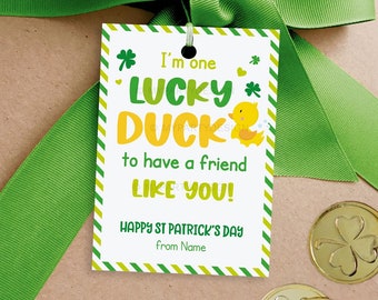 Rubber Duck St Patrick's Day Tag, Kids Shamrock Cards for Classroom, Lucky Ducky Gift Label - INSTANT DOWNLOAD - Printable Editable PDF