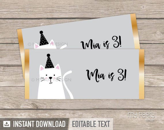 Cat Chocolate Wrappers, Kitty Cat Birthday, Kitten Birthday Party, Girl Pawty - INSTANT DOWNLOAD - Printable PDF with Editable Text Il_570xn