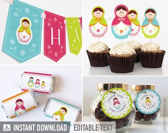 Matryoshka Geburtstagsdekorationen, Babuschka Party Pack, russische Puppe Dekor Kit - SOFORTIGER DOWNLOAD - Druckbare PDF mit bearbeitbarem Text