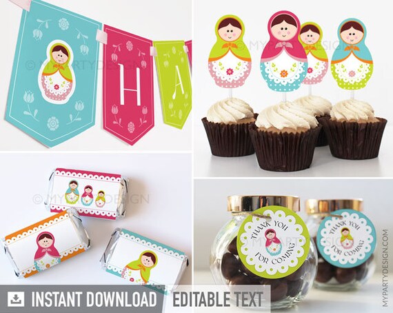 Matryoshka Birthday Decorations, Babushka Party Pack, Russian Doll Printable Decor Kit - INSTANT DOWNLOAD - Printable PDF with Editable Text Il_570xn