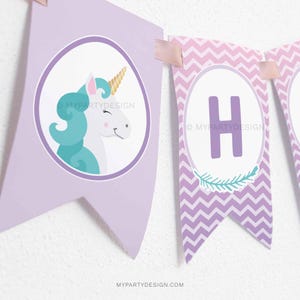 Unicorn Birthday Banner, Unicorn Party Decorations, Bunting Decor, Pastel Purple - INSTANT DOWNLOAD - Printable PDF with Editable Text