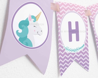 Unicorn Birthday Banner, Unicorn Party Decorations, Bunting Decor, Pastel Purple - INSTANT DOWNLOAD - Printable PDF with Editable Text