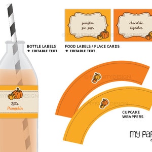 K&ouml;nnte beinhalten: Eine Sammlung von Partyzubeh&ouml;r zum Thema Herbst. Enth&auml;lt Flaschenetiketten, Essensetiketten f&uuml;r "pumpkin pie pops" und "chocolate cupcakes" sowie Cupcake-Wrapper. Alle Artikel zeigen K&uuml;rbisillustrationen und den Text "My Party Design".