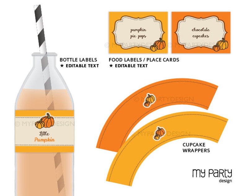 K&ouml;nnte beinhalten: Eine Sammlung von Partyzubeh&ouml;r zum Thema Herbst. Enth&auml;lt Flaschenetiketten, Essensetiketten f&uuml;r "pumpkin pie pops" und "chocolate cupcakes" sowie Cupcake-Wrapper. Alle Artikel zeigen K&uuml;rbisillustrationen und den Text "My Party Design".