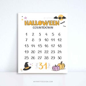 Può includere: Calendario del conto alla rovescia di Halloween con testo arancione e nero, un pipistrello, luna, stelle e zucche. Il calendario conta alla rovescia da 1 a 31. La parola "Halloween" è arancione.