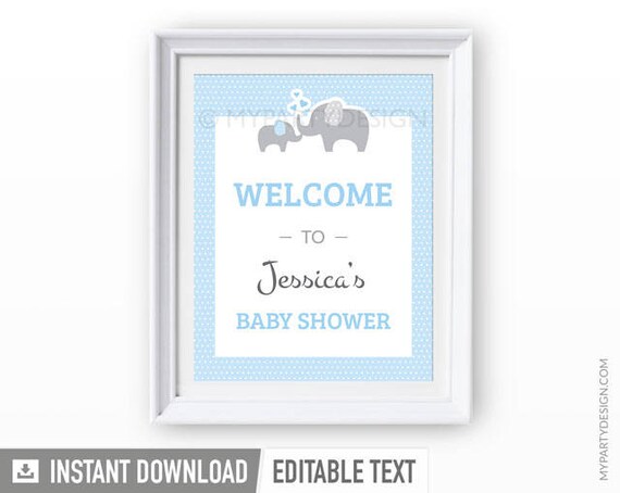 Elephant Baby Shower Welcome Sign - Editable Sign - Vertical - Boy Blue - INSTANT DOWNLOAD - Printable PDF with Editable Text Il_570xn