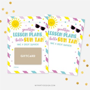 Sommer Geschenkkartenhalter für Lehrer oder Betreuer, auf Wiedersehen Unterrichtspläne Hallo Sonne Tan Geschenkgutschein - SOFORTIGER DOWNLOAD - Druckbare PDF