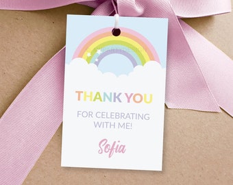 Rainbow Thank You Tags, Party Favor Label, Pastel Rainbow Birthday Decorations - INSTANT DOWNLOAD - Printable PDF with Editable Text