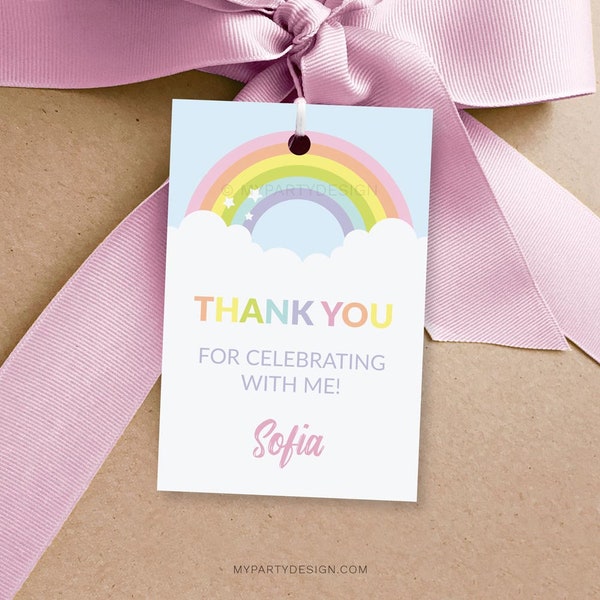 Rainbow Thank You Tags, Party Favor Label, Pastel Rainbow Birthday Decorations - INSTANT DOWNLOAD - Printable PDF with Editable Text