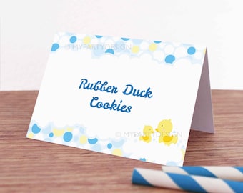 Rubber Duck Food Labels, Ducky Place Cards, Baby Shower Party, Yellow Blue - INSTANT DOWNLOAD - Printable PDF with Editable Text