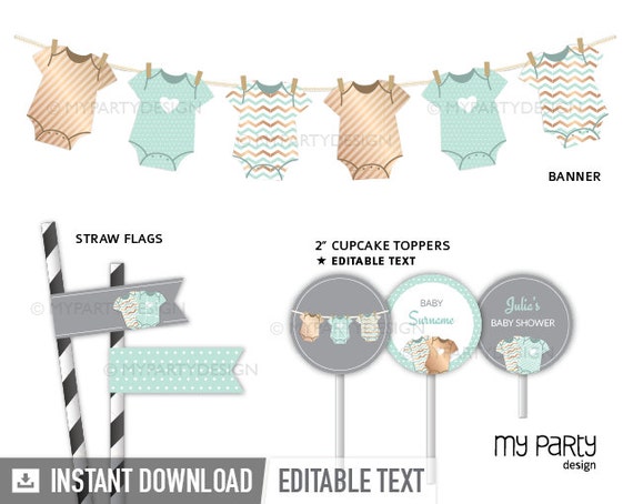 Mint Baby Shower Party Pack, bodysuit theme - Gender Neutral Baby Shower - Mint Gold - INSTANT DOWNLOAD - Printable PDF with Editable Text Il_570xn