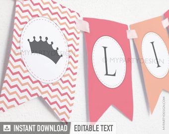 Little Princess Banner, Princess Baby Shower Bunting, BabyShower Decorations - INSTANT DOWNLOAD - Printable PDF with Editable Text