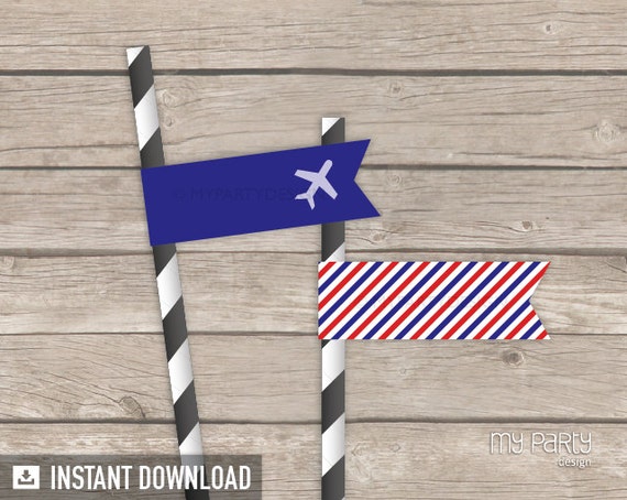 Travel Party / Farewell Party - Party Flags - Red and Blue Stripes - INSTANT DOWNLOAD - Printable PDF Il_570xn