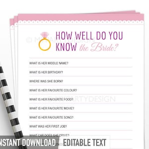 Bridal Shower Game, How well do you know the Bride, Who Knows the Bride Best, Scalloped Pink - INSTANT DOWNLOAD - Printable Editable PDF