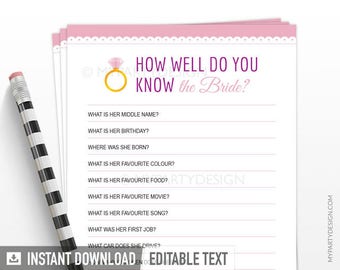 Bridal Shower Game, How well do you know the Bride, Who Knows the Bride Best, Scalloped Pink - INSTANT DOWNLOAD - Printable Editable PDF