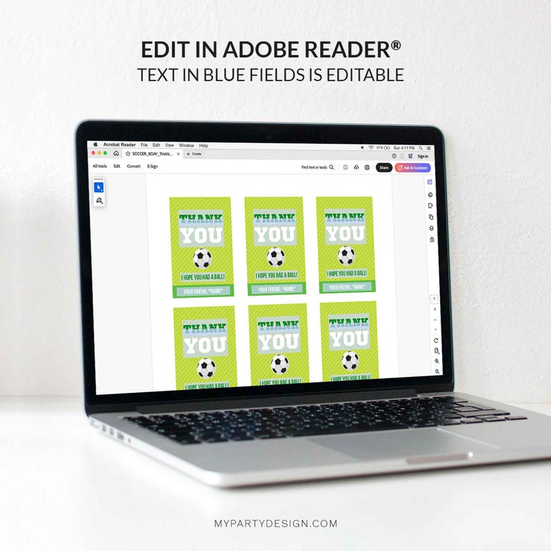 May include: A laptop displays soccer-themed thank you cards. Each card features a soccer ball graphic, the words "THANK YOU," and editable fields. The cards have a green background with white stripes and are designed for easy customization.