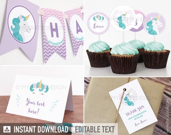 Unicorn Birthday Decorations, Unicorn Party Pack, Pastel Purple, Girl Birthday Decor Kit - INSTANT DOWNLOAD - Printable Editable PDF