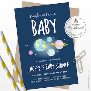 Houston wir haben ein Baby, Weltraum-Babyparty-Einladung, Galaxy Gender Neutral einladen - SOFORTIGER DOWNLOAD - Druckbare bearbeitbare PDF