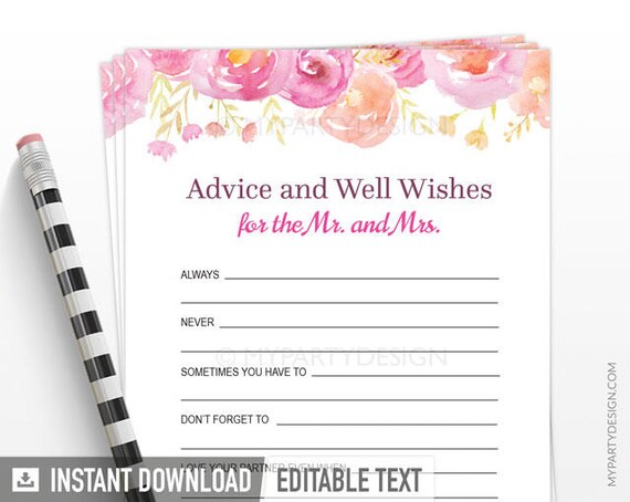 Advice and Well Wishes for the Mr and Mrs, Bridal Shower Game, Engagement Cards - INSTANT DOWNLOAD - Printable Editable PDF (WED03) Il_570xn