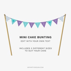 K&ouml;nnte beinhalten: Eine Mini-Kuchen-Girlande mit teal- und lila Wimpelfahnen mit der Aufschrift "HOME". Die Girlande wird von zwei Holzst&auml;ben getragen. Der Text "MINI CAKE BUNTING" und weitere Details befinden sich darunter.