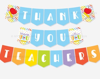 Thank You Teachers Banner, Thanks Bunting for School Staff Teacher Appreciation Week Decor - INSTANT DOWNLOAD - Printable Editable PDF