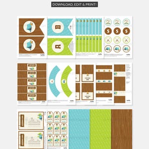 May include: A collection of printable PDF files with a camping theme. The design includes banners, tags, labels, and decorative elements in blue, green, and brown. Text includes "PRINTABLE PDF FILES" and "DOWNLOAD, EDIT & PRINT!"